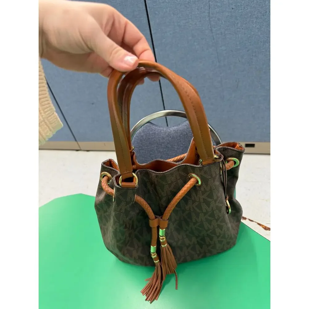 Michael Kors MK Jet Set Signature Fringe Tassel Logo Large Hobo Bag Purse Brown
